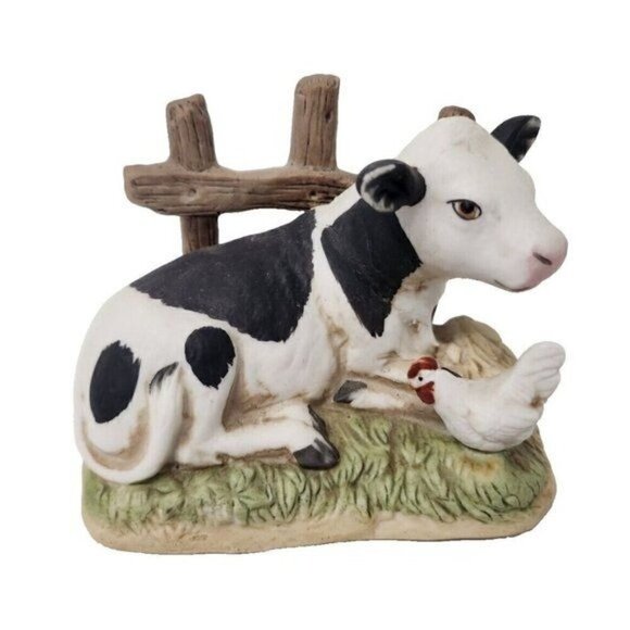 Vintage Homco Porcelain Cow With Chicken Figurine Sculpture 1469 Collectible - Picture 1 of 9